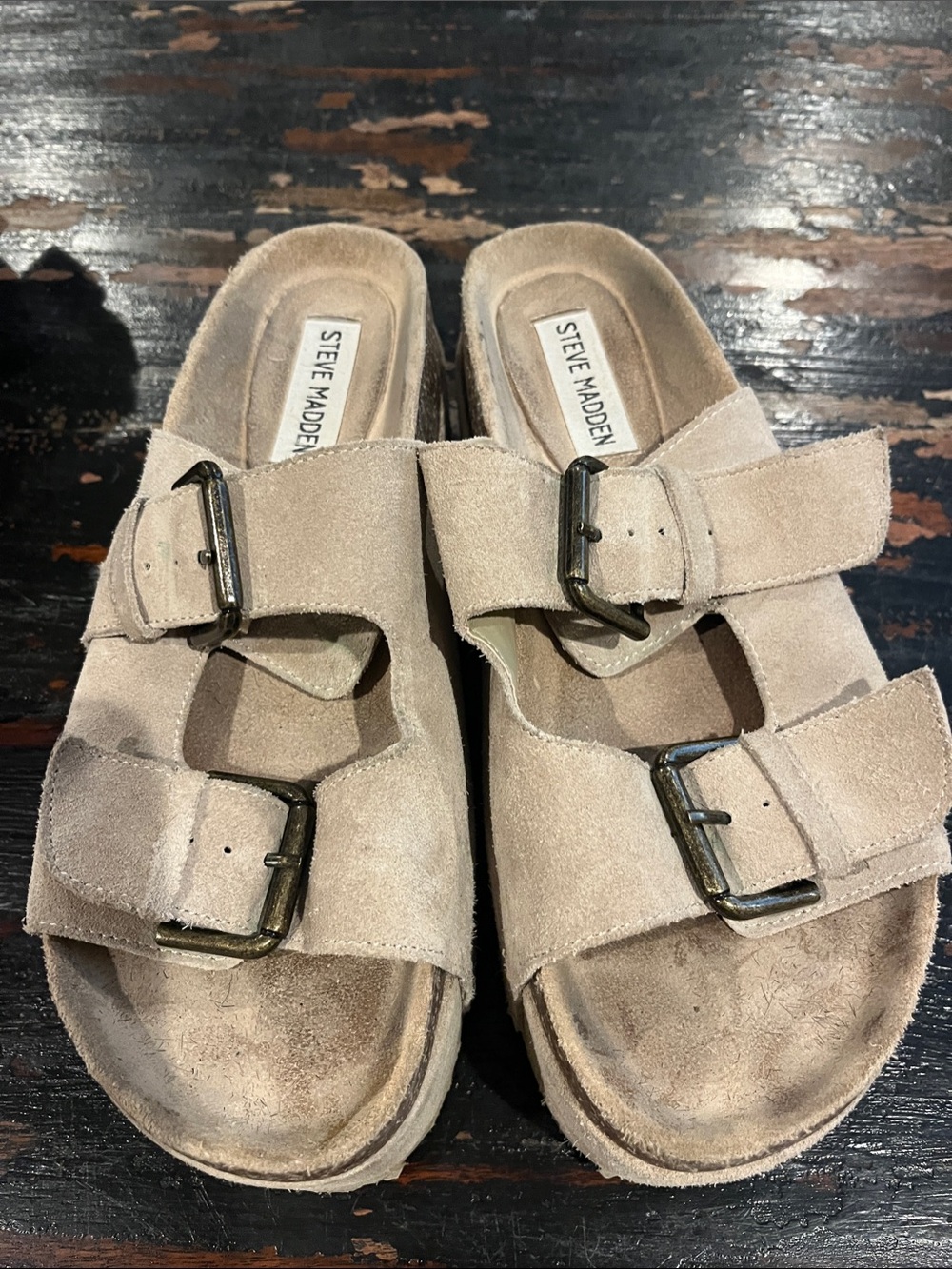 Steve Madden Beige Suede Double Buckle platform Slide Sandals